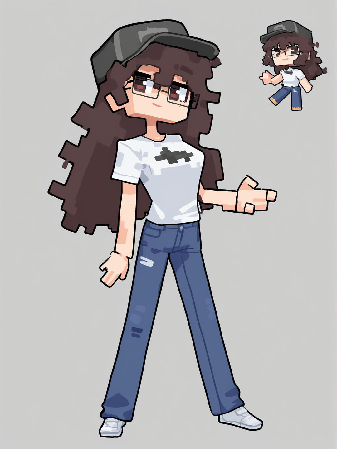 [moe-cubic-style]1girl, mature, short_hair, dark_brown_hair, curly_hair, brown_eyes, dimple, fair_skin, blue_t-shirt, jeans, white_shoes, glasses, baseball_hat, single character, full body, looking at viewer, anime style, simple background, white background