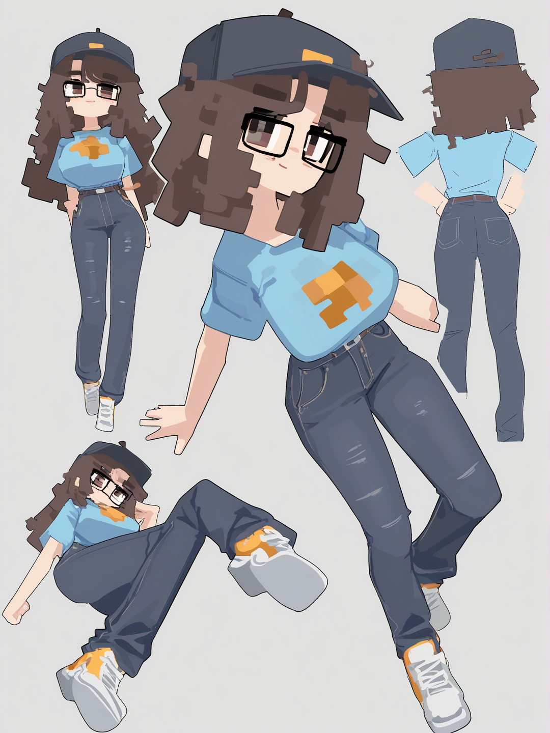 [moe-cubic-style]1girl, mature, short_hair, dark_brown_hair, curly_hair, brown_eyes, dimple, fair_skin, blue_t-shirt, jeans, white_shoes, glasses, baseball_hat, single character, full body, looking at viewer, anime style, simple background, white background