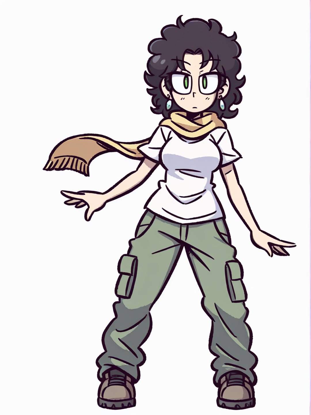 [helltalker-style]1girl, mature, black hair, short hair, curly hair, green eyes, fair skin, t-shirt, cargo pants, shoes, earrings, scarf, single character, full body, looking at viewer, anime style, simple background, white background