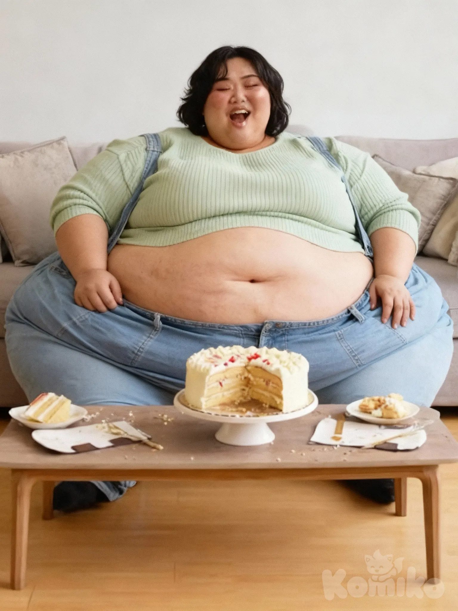 She is an extremely obese Asian woman with short, slightly wavy black hair that reaches just past her jawline. She has a round, full face with soft features, flushed cheeks, and a pronounced double chin. Her expression is one of bliss or satisfaction, mouth open and eyes half-closed, as if savoring something delicious.
She is seated on a light gray couch, wearing a tight, pale mint-green ribbed sweater that clings to her massive upper body and a pair of light blue denim overalls that are stretched to their limit. Her belly is enormous, round, and heavy, protruding far outward and resting heavily on her lap, with visible stretch marks and a deep navel. Her arms are thick and soft, with deep rolls, and her chest and upper back are equally voluminous. The overall effect is one of extreme immobility and indulgence; she appears completely engulfed by her own size, with a large strawberry cream cake and scattered plates of eaten cake in front of her on a low table.