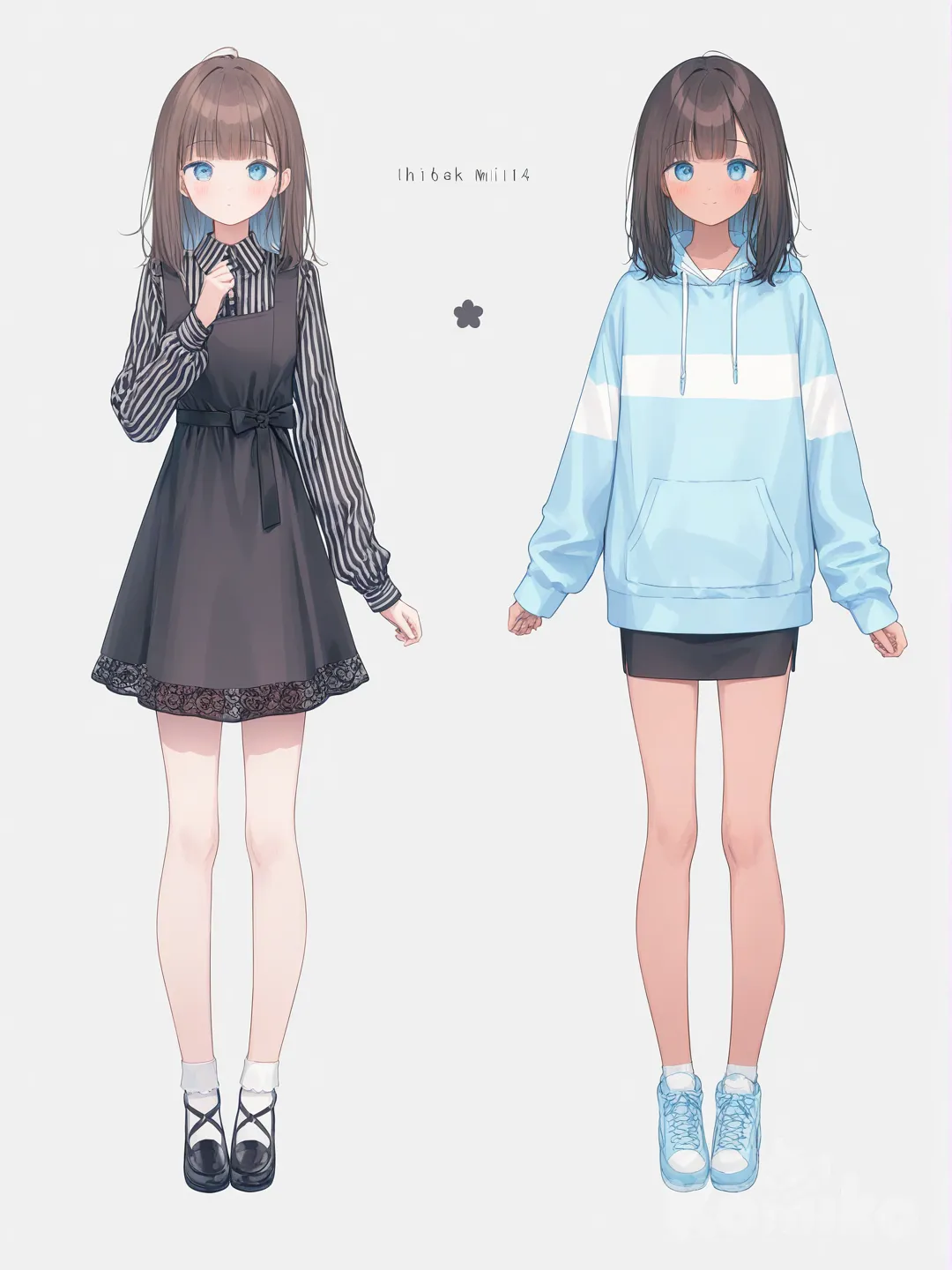 [soft-pastel-style] 1girl, pastel colors, teenager, tall, brown hair, blue eyes, tan skin, pencil skirt, little black dress, lace, bow, hoodie, striped shirt, single character, full body, looking at viewer, anime style, simple background, white background