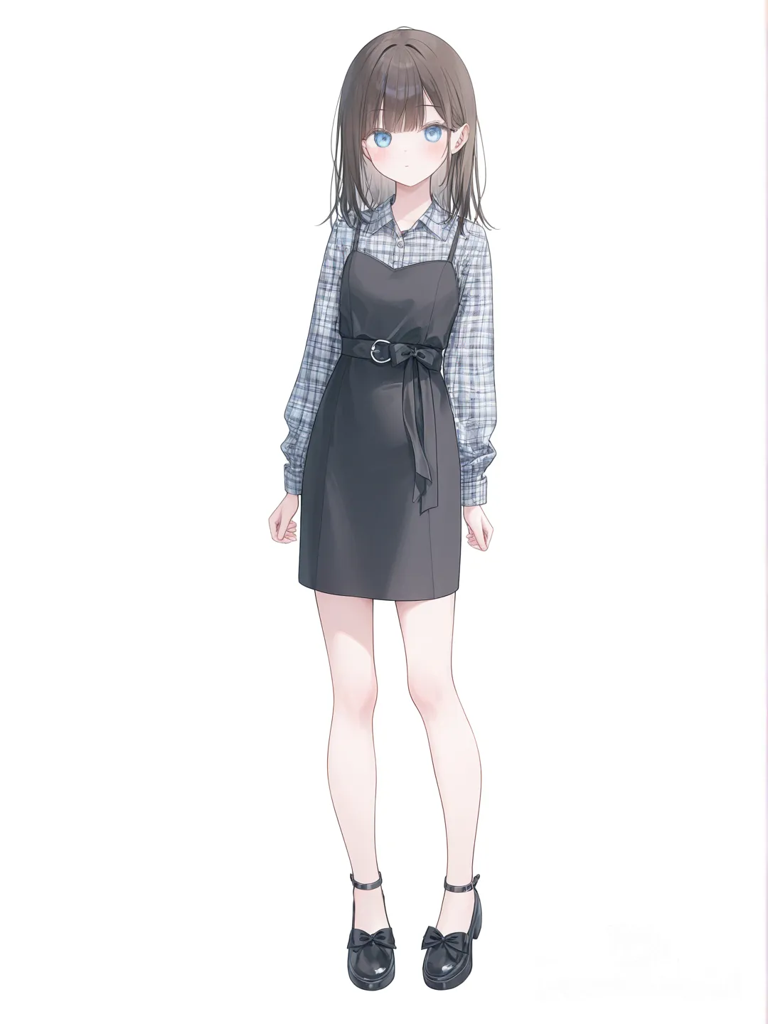 [soft-pastel-style] 1girl, pastel colors, teenager, tall, brown hair, blue eyes, tan skin, plaid shirt, pencil skirt, little black dress, lace, bow, single character, full body, looking at viewer, anime style, simple background, white background