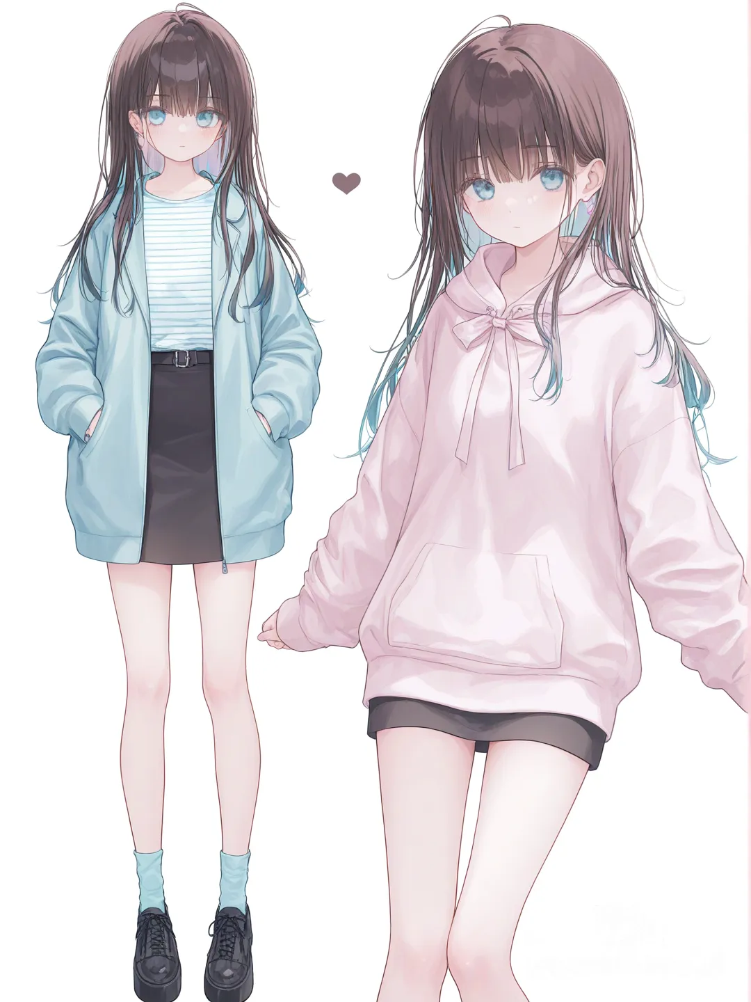[soft-pastel-style] 1girl, pastel_colors, teenager, tall, brown_hair, blue_eyes, tan_skin, pencil_skirt, little_black_dress, lace, bow, hoodie, striped_shirt, single_character, full_body, looking_at_viewer, anime_style, simple_background, white_background