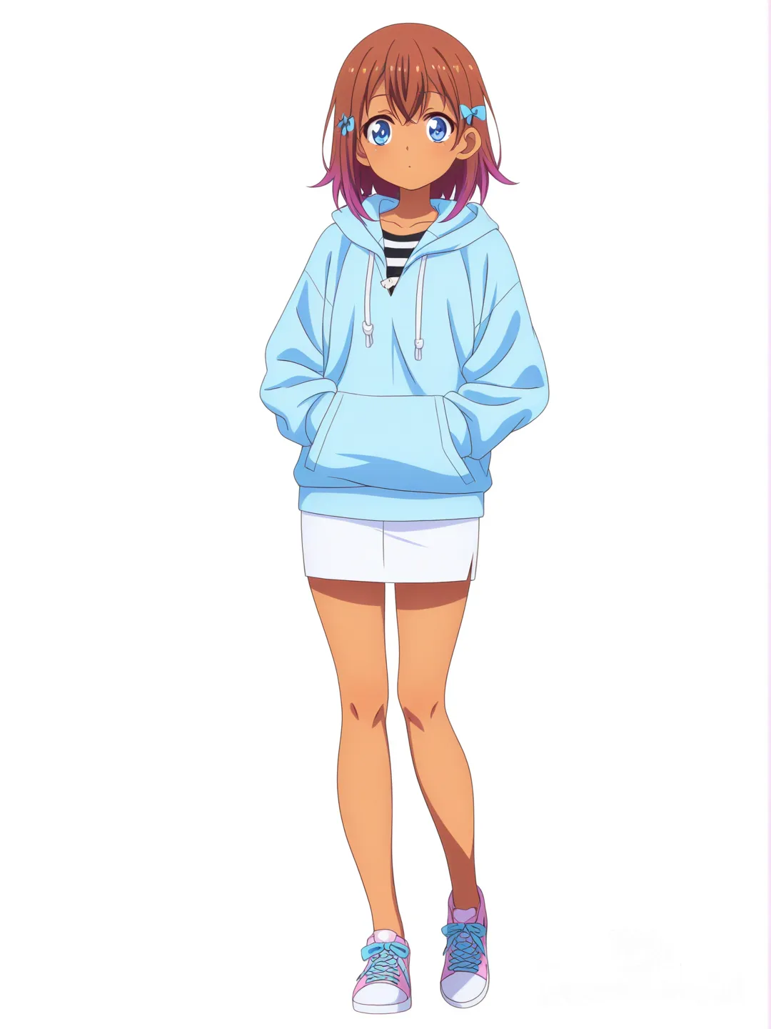 [pop-anime-style] 1girl, pastel_colors, teenager, tall, brown_hair, blue_eyes, tan_skin, pencil_skirt, little_black_dress, lace, bow, hoodie, striped_shirt, single_character, full_body, looking_at_viewer, anime_style, simple_background, white_background
