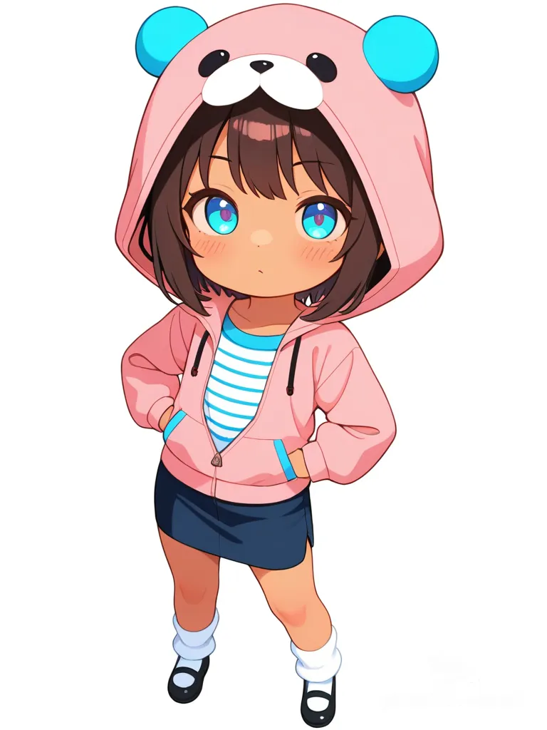 1girl, pastel_colors, teenager, tall, brown_hair, blue_eyes, tan_skin, pencil_skirt, little_black_dress, lace, bow, hoodie, striped_shirt, single_character, full_body, looking_at_viewer, anime_style, simple_background, white_background