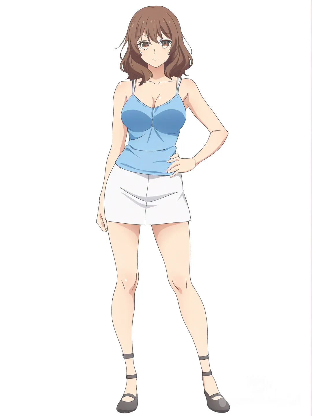 [bright-anime-style] 1girl, chibi, mature, short, athletic, brown hair, brown eyes, single character, full body, looking at viewer, anime style, simple background, white background