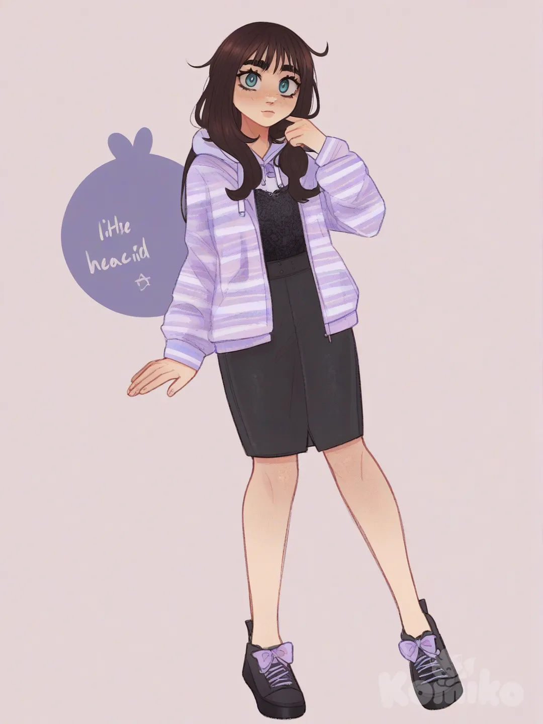 [soft-shaded-moe-style] 1girl, pastel colors, teenager, tall, brown hair, blue eyes, tan skin, pencil skirt, little black dress, lace, bow, hoodie, striped shirt, single character, full body, looking at viewer, anime style, simple background, white background