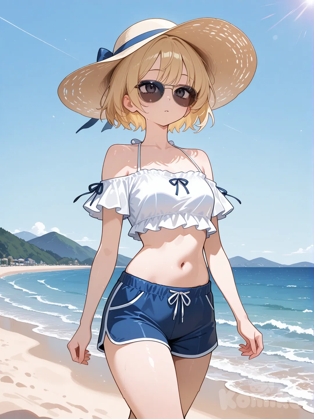 croptop,beach shorts, 1girl,waifu,walking,by lake, short hair, blonde hair,sun hat, sunglasses