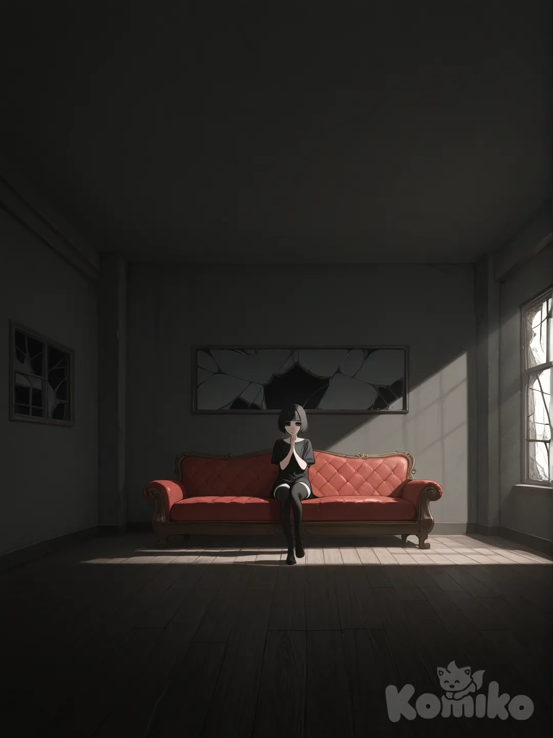 walking, on couch, praying, hard pillow,rough couch, broken window, short hair,black thighhighs, black eyeshadow, black eyes