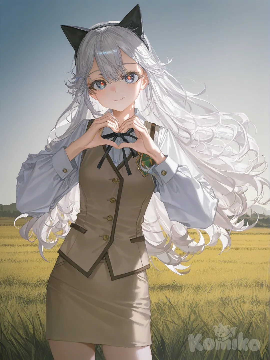 1girl, [soft-light-illustration-style]waifu, heart hands, school vest, pencil skirt, ruffles, cat ears, fluffy curls, khaki, field, grassland