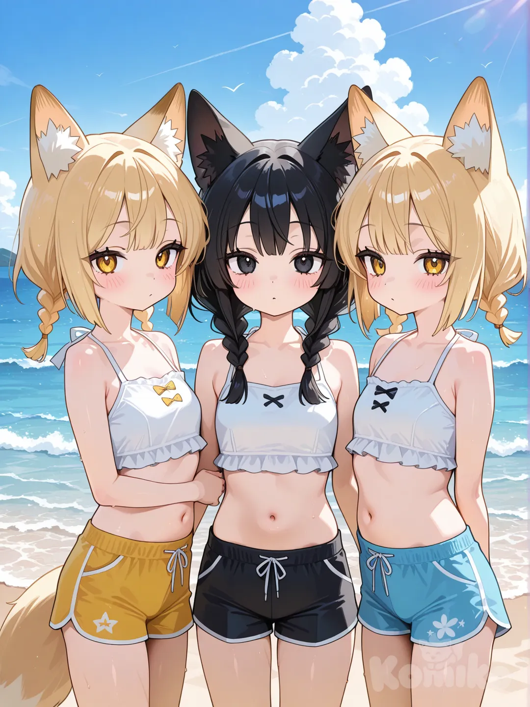 crop top, 3girls, beach shorts, blonde hair, twin braids, black hair, twins, fox ears