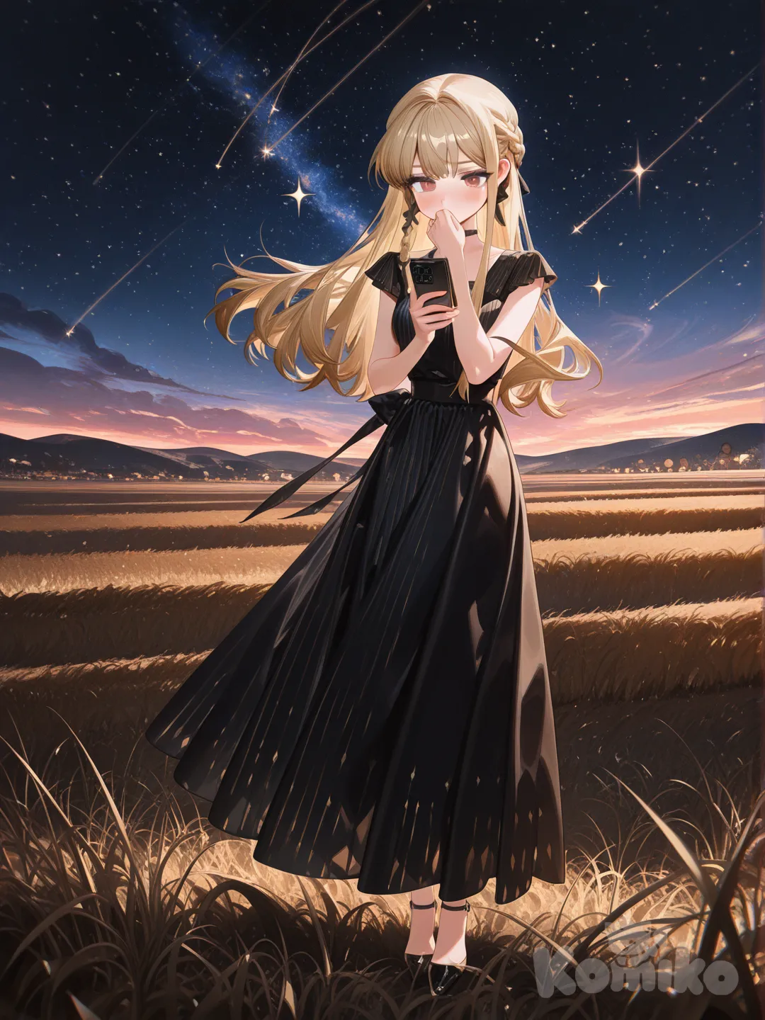 1girl, [high-gloss-illustration-style], looking at phone, blush, hand on mouth, evening dress, hair accessory, blonde hair, braid, full body, night, sparkle, twilight, field