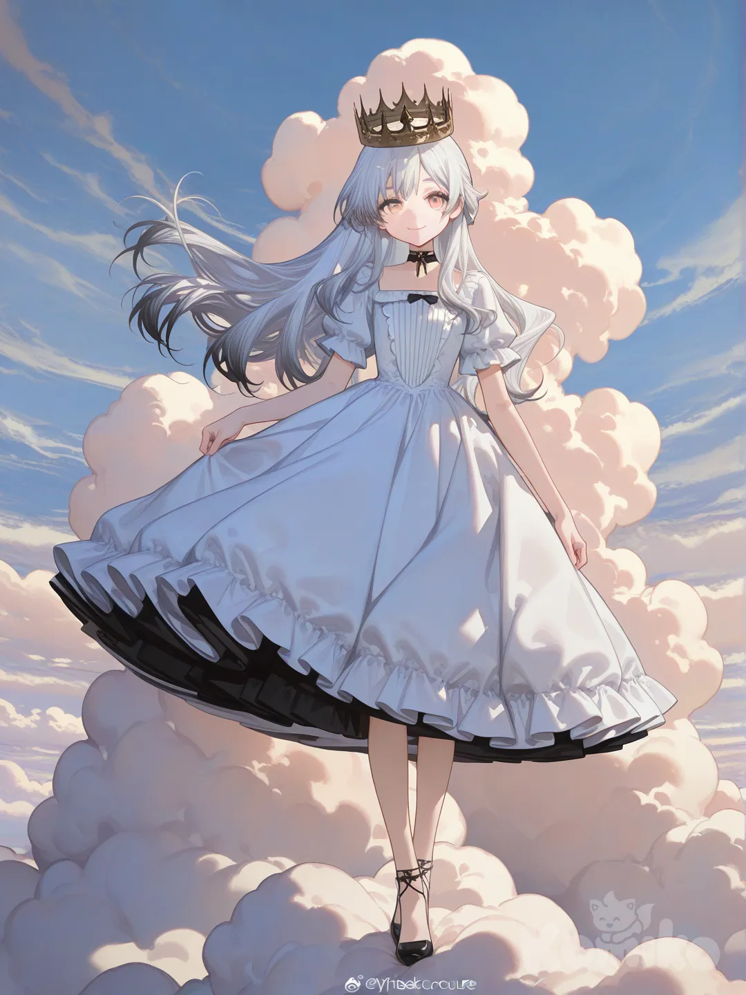 1girl, [high-gloss-illustration-style], looking at viewer, proud, slit cloud dress with ruffles, air/wind theme crown, white hair, full body, rim light, on a cloud
