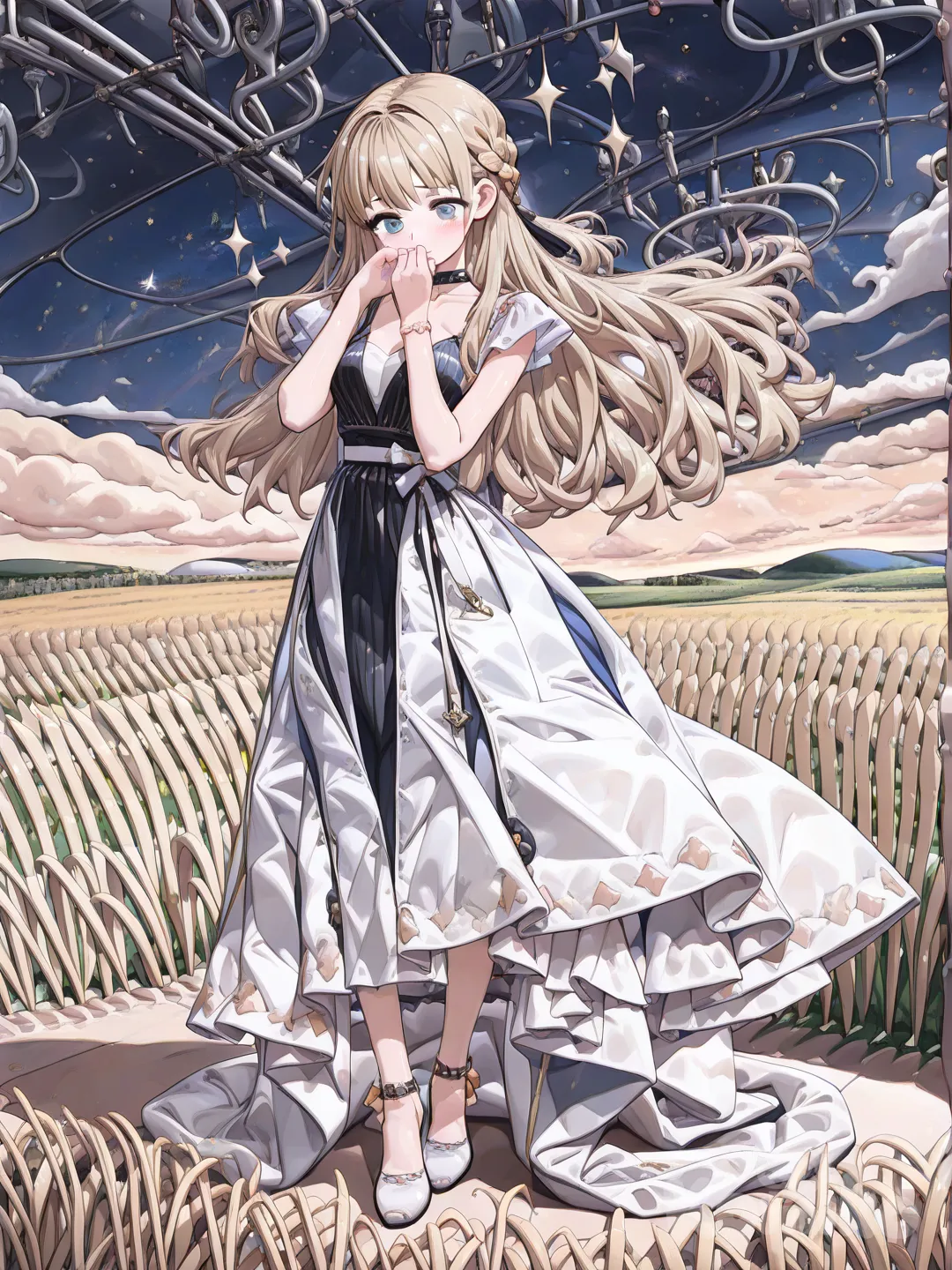 1girl, [high-gloss-illustration-style], looking at phone, blush, hand on mouth, evening dress, hair accessory, blonde hair, braid, full body, night, sparkle, twilight, field
