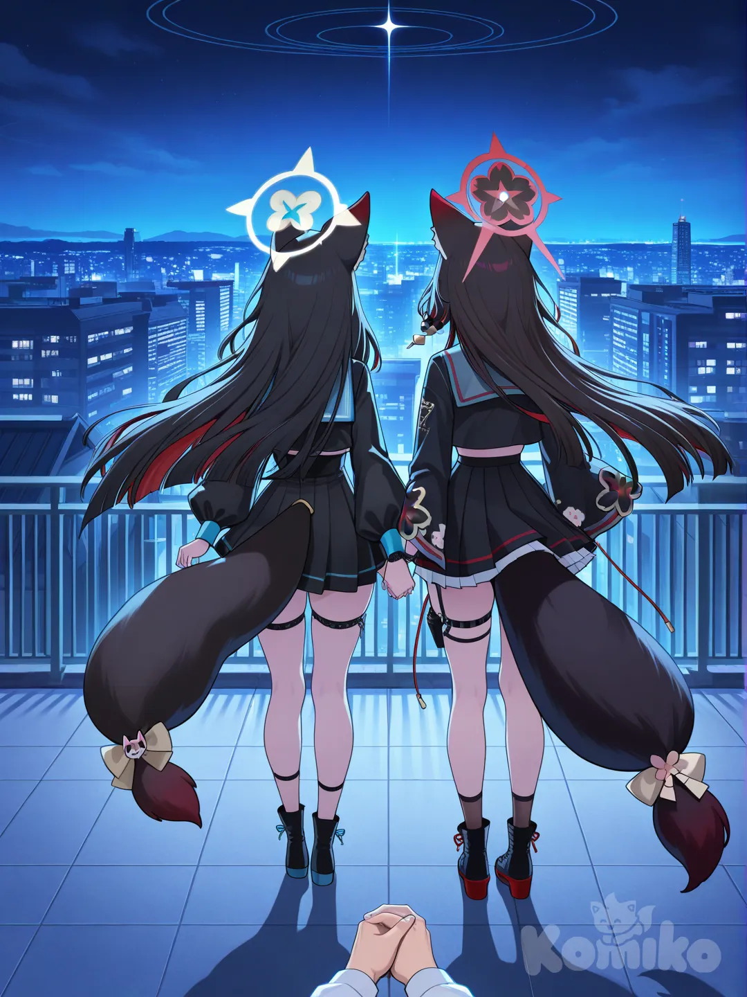 wakamo (blue archive), sakurako (blue archive), night conditions, rooftop, hugs hand, better light, full body, tall female, sensei (blue archive), 1boy 2girl, looking at another, pov from behind