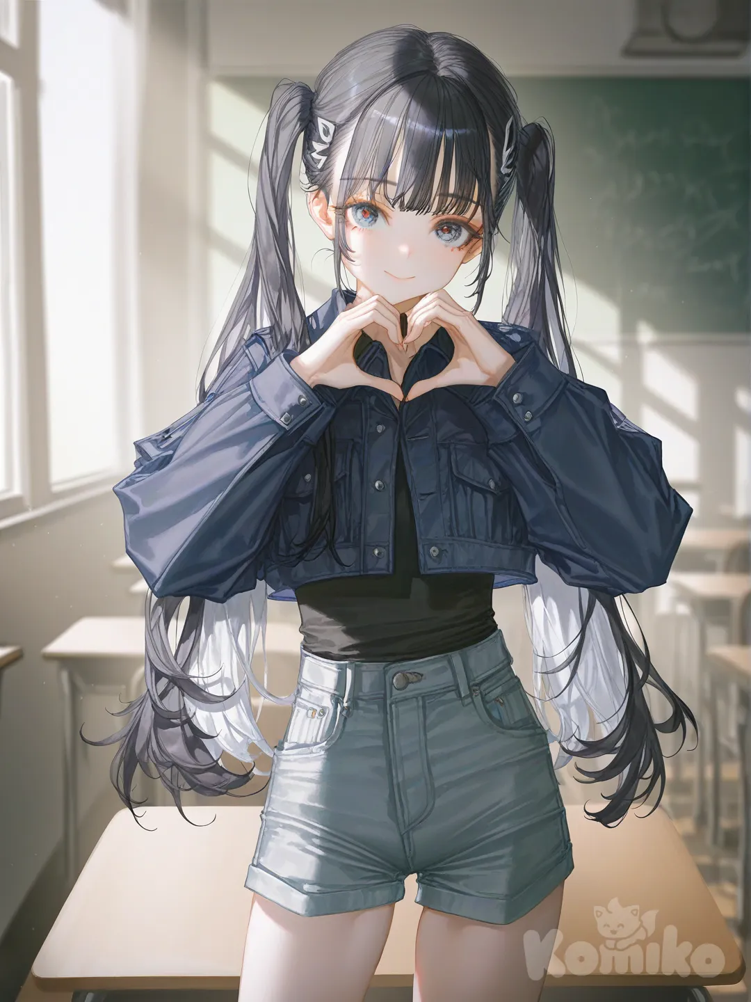 1girl, [soft-light-illustration-style], heart hands, cropped jacket, jeans shorts, twin tails, khaki, side light, classroom