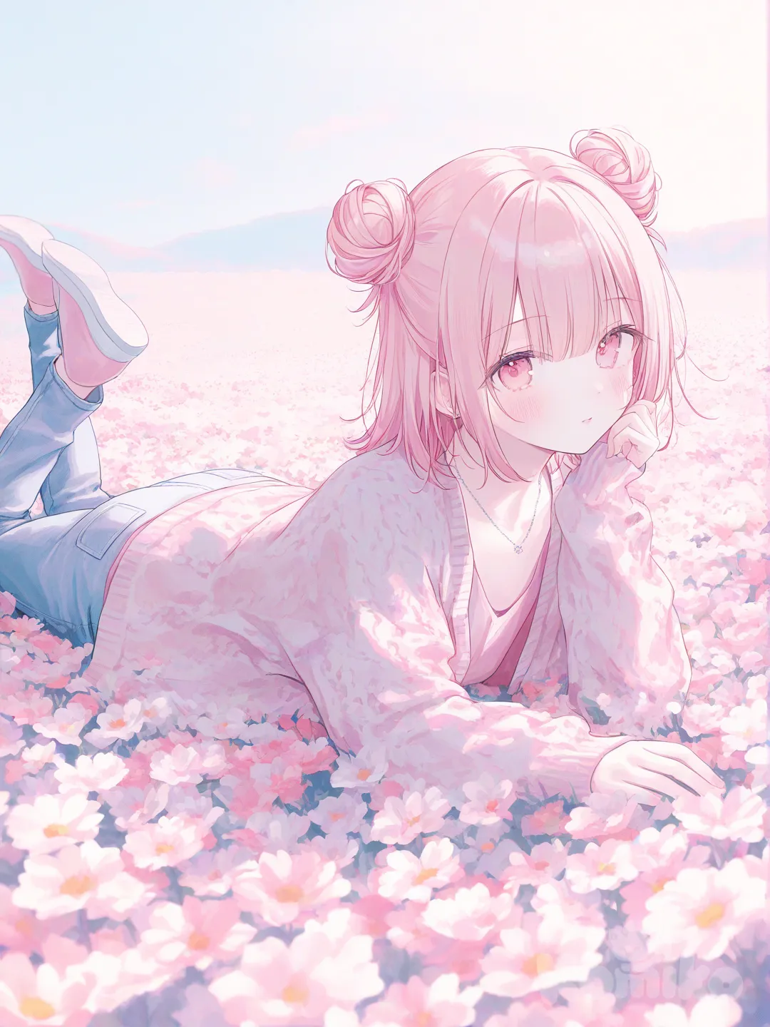 1girl, [soft-pastel-style], lie on stomach, knitted cardigan, jeans, necklace, double buns, pastel baby pink, depth of side light, flower , flower field