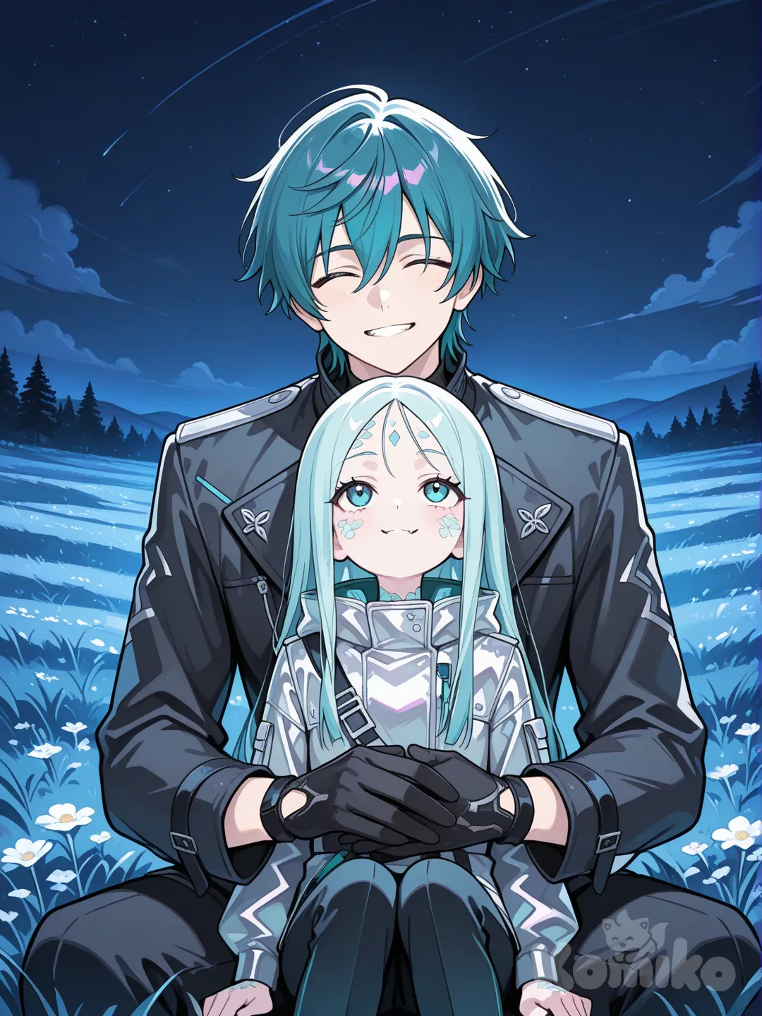 1boy, very handsome, black gloves, anime coloring, minimalist palette, fair skin, sitting in a grass meadow, looking up, elegant scales on skin, small fangs, long straight blue hair, aquamarine eyes, wearing a black jacket and black pants, nighttime, smiling, and 1girl, 2people, sitting on lap, silver jacket and black pants, young teenager, long pale straight teal hair, eyes closed