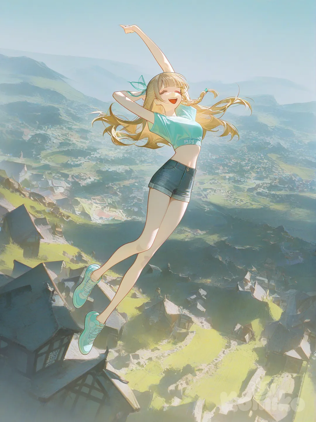 1girl, [high-contrast-glossy-style], closed eyes, laughing, jumping, pastel blue crop top, short shorts, hair accessory, blonde hair, braid, blunt bangs, full body, top light, village