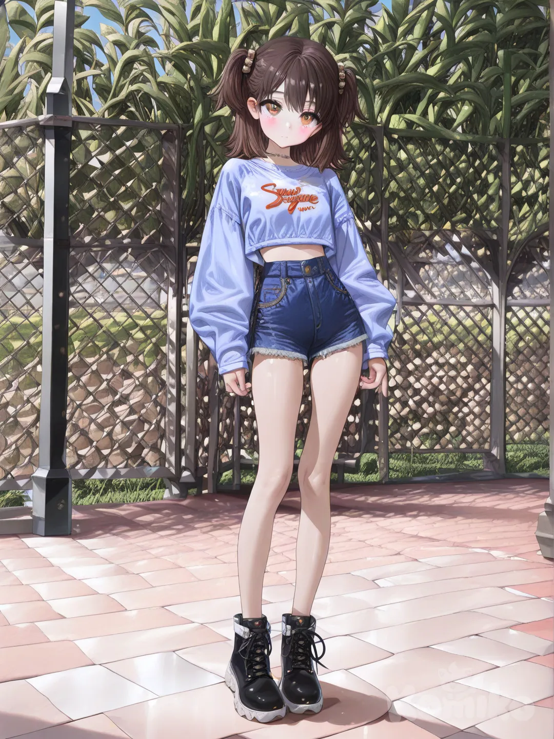 1girl, [high-gloss-illustration-style], looking at viewer, proud, light blue crop top, short jeans, hair accessory, brown hair, full body, rim light, park