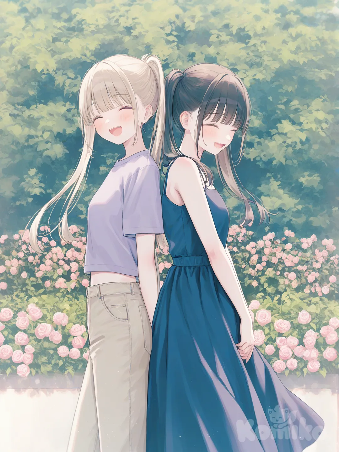 2girls, [soft-pastel-style], back to back, laughing, purple crop top, jeans, little blue dress, high ponytail, twin tails, light blue, khaki, garden