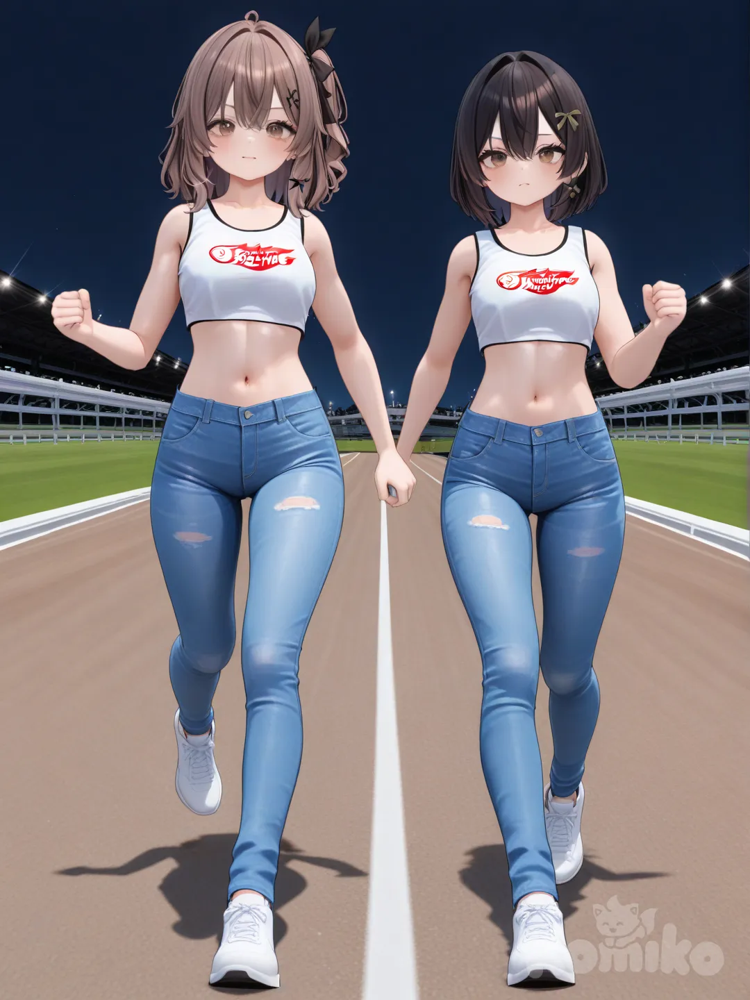 2girl, [3d-anime-style], proud, running, white crop top, jeans, hair accessory, black hair, brown hair, closeup, full body, racing on a race track