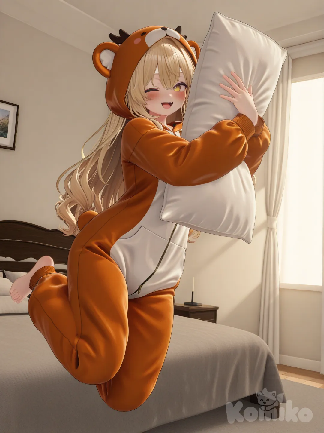 1girl, [3d-anime-style], jumping, laughing, blush, one eye closed, onesie, blonde hair, full body, rim light, sleepover,holding pillow,fort