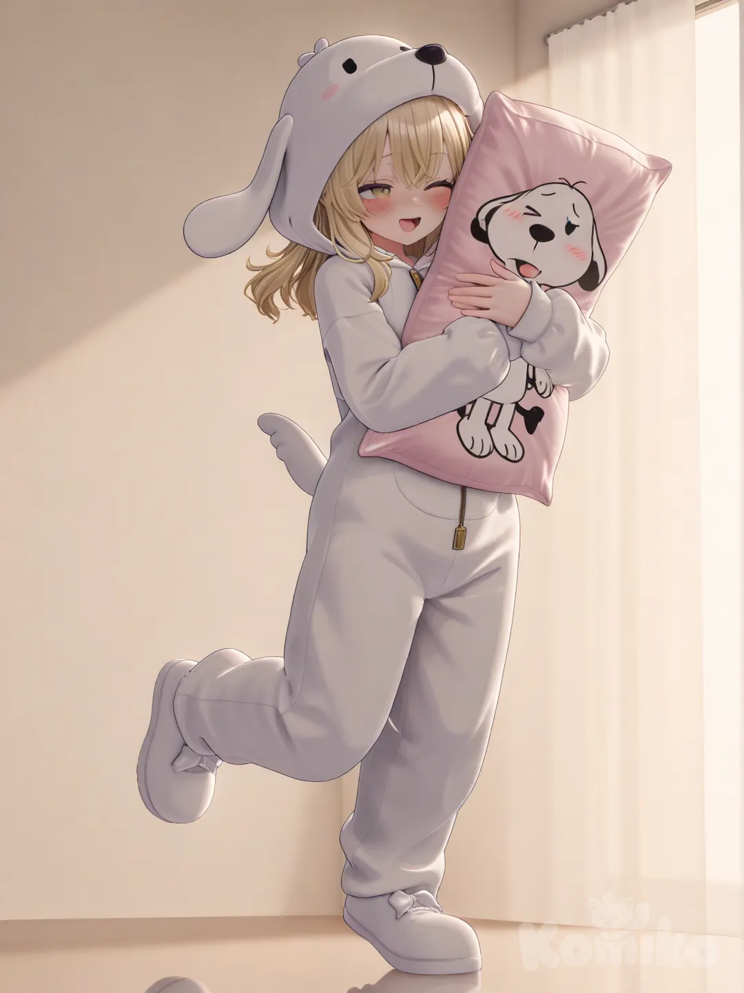 1girl, [3d-anime-style], jumping, laughing, blush, one eye closed, snoopy onesie, blonde hair, full body, rim light,holding pillow,pillow fort