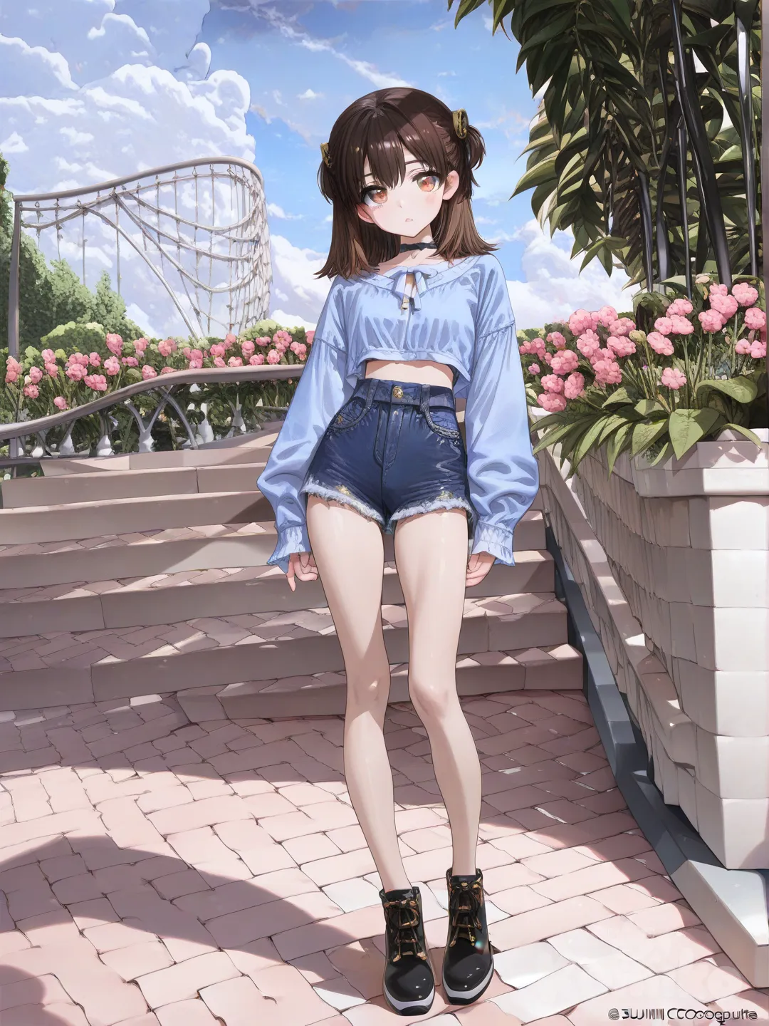 1girl, [high-gloss-illustration-style], looking at viewer, proud, light blue crop top, short jeans, hair accessory, brown hair, full body, rim light, park