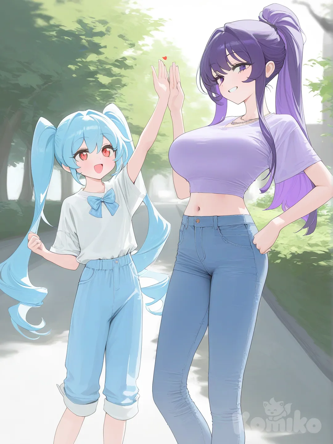 2girls, [vibrant-anime-style], high five, t-shirt, casual pants, pajama pants,purple crop top, jeans, bow tie, necklace, high ponytail, twin tails,light blue, purple, side light, park