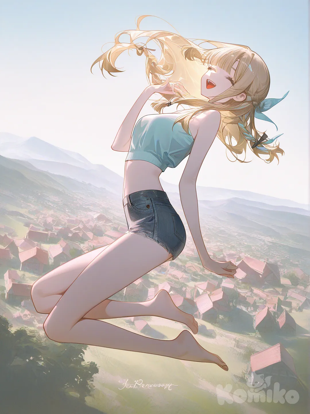 1girl, [high-contrast-glossy-style], closed eyes, laughing, jumping, pastel blue crop top, short shorts, hair accessory, blonde hair, braid, blunt bangs, full body, top light, village