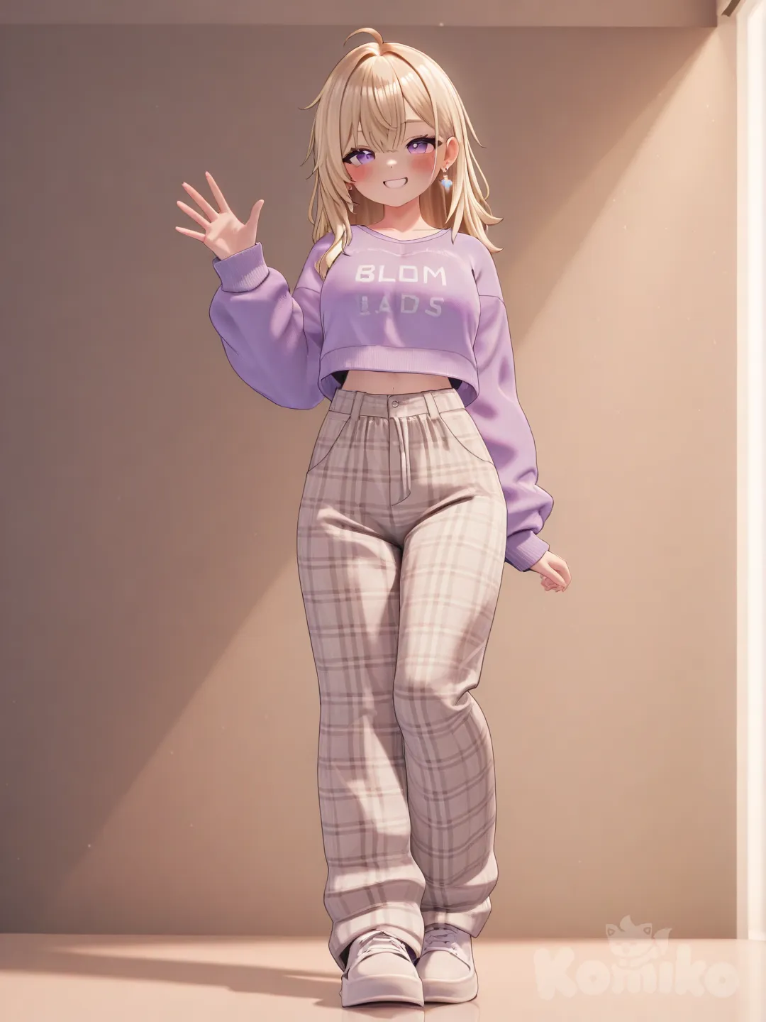 1girl, [3d-anime-style], waving, blush, LovelyWholesale purple Womens Crewneck Cropped Sweatshirt Long Sleeve Super Crop Top Workout Gym Aesthetic White Small at Amazon Women's Clothing store, plaid pajama pants, blonde hair, full body, closeup, rim light, pier