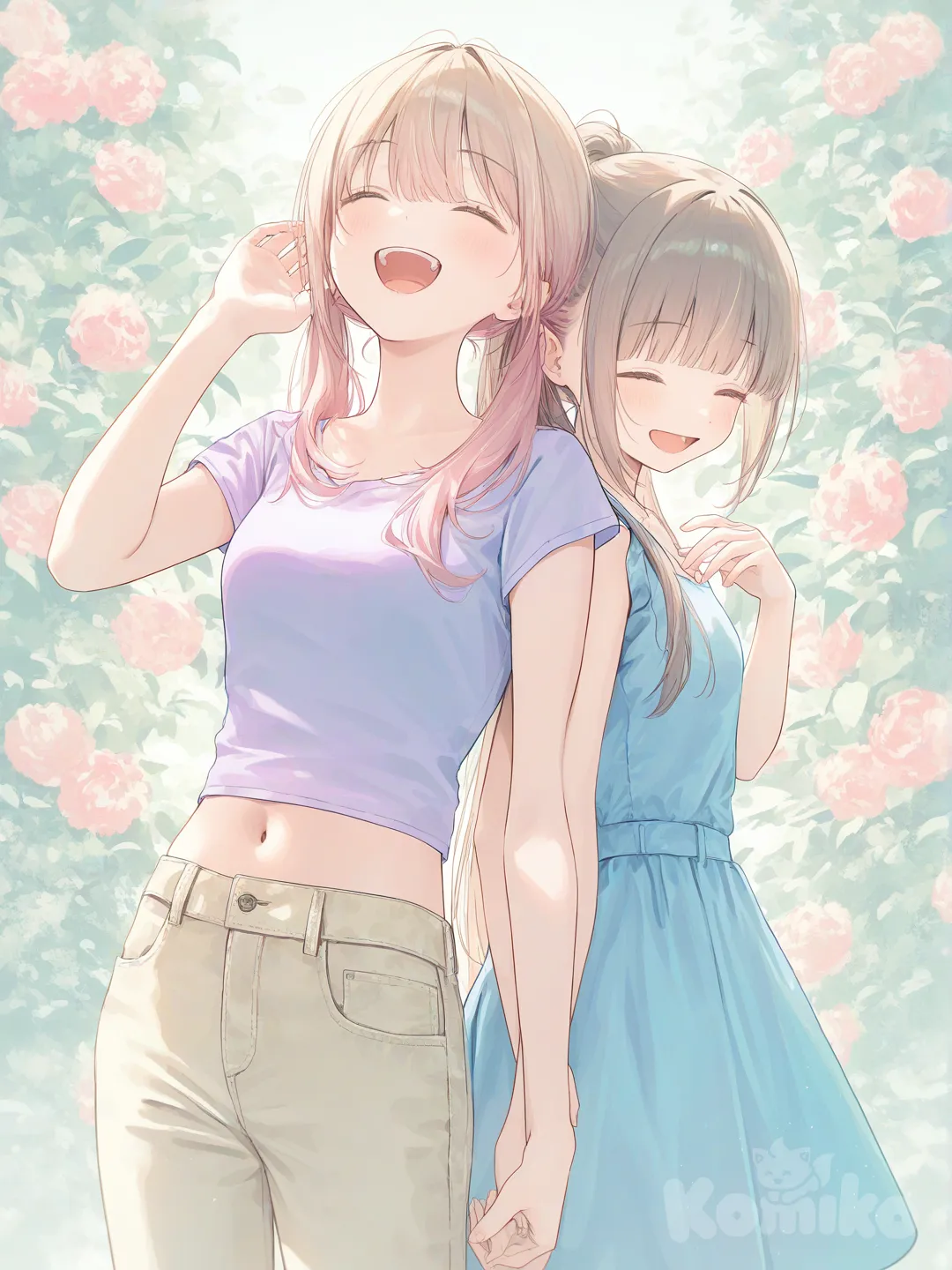 2girls, [soft-pastel-style], back to back, laughing, purple crop top, jeans, little blue dress, high ponytail, twin tails, light blue, khaki, side light, garden