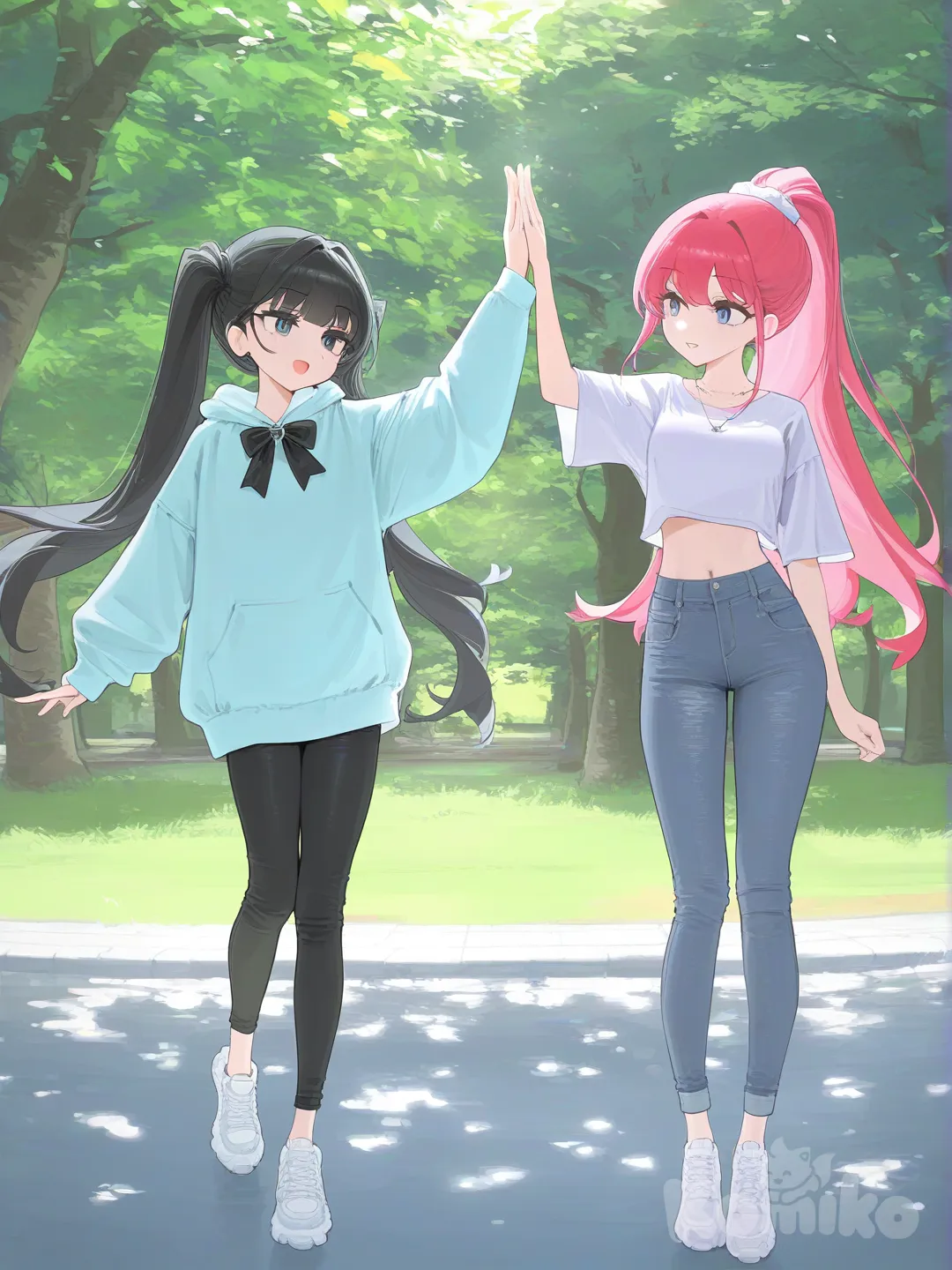 2girls, [vibrant-anime-style], high five, t-shirt, hoodie, casual pants, purple crop top, jeans, bow tie, necklace, high ponytail, twin tails, light purple, light blue, side light, park