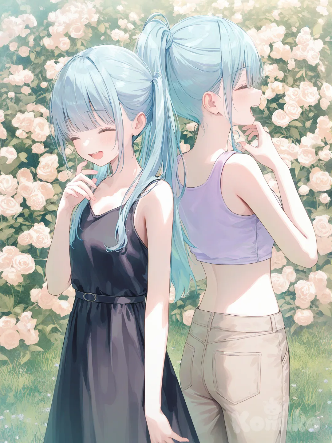 2girls, [soft-pastel-style], back to back, laughing, purple crop top, jeans, little blue dress, high ponytail, twin tail,light blue, khaki, side light, garden