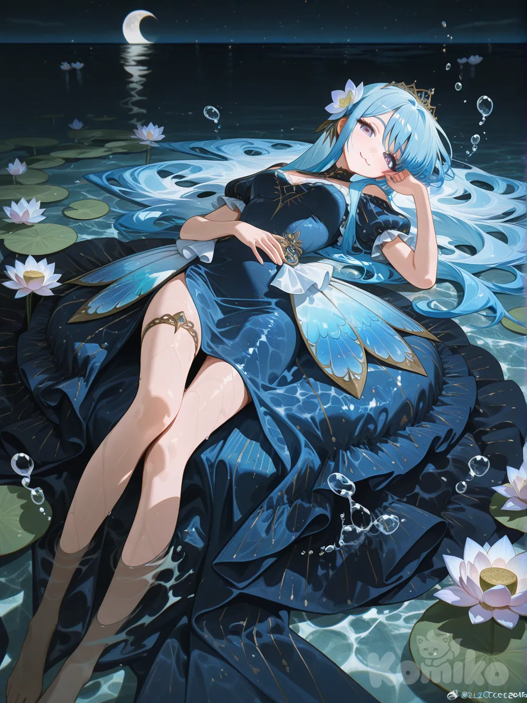 1girl, [high-gloss-illustration-style], looking at viewer, proud, slit water dress with riffles, water theme crown,light blue hair, full body on her back in the water floating,moon,lotus, hair flower
