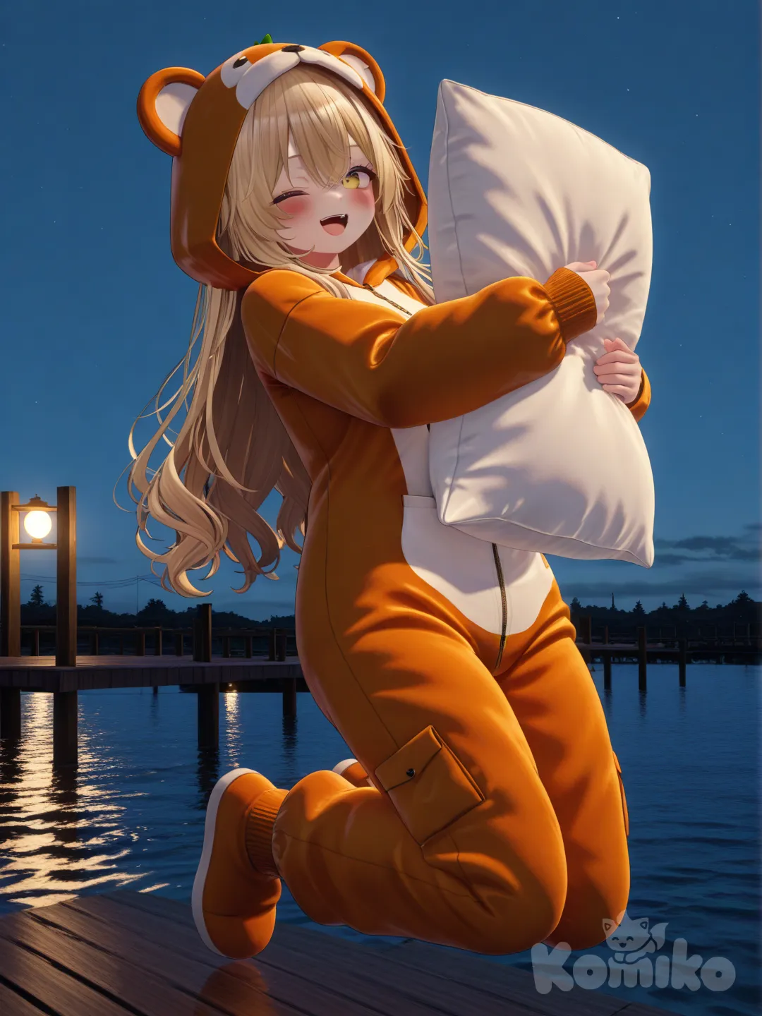 1girl, [3d-anime-style], jumping, laughing, blush, one eye closed, onesie, blonde hair, full body, rim light, pier,holding pillow