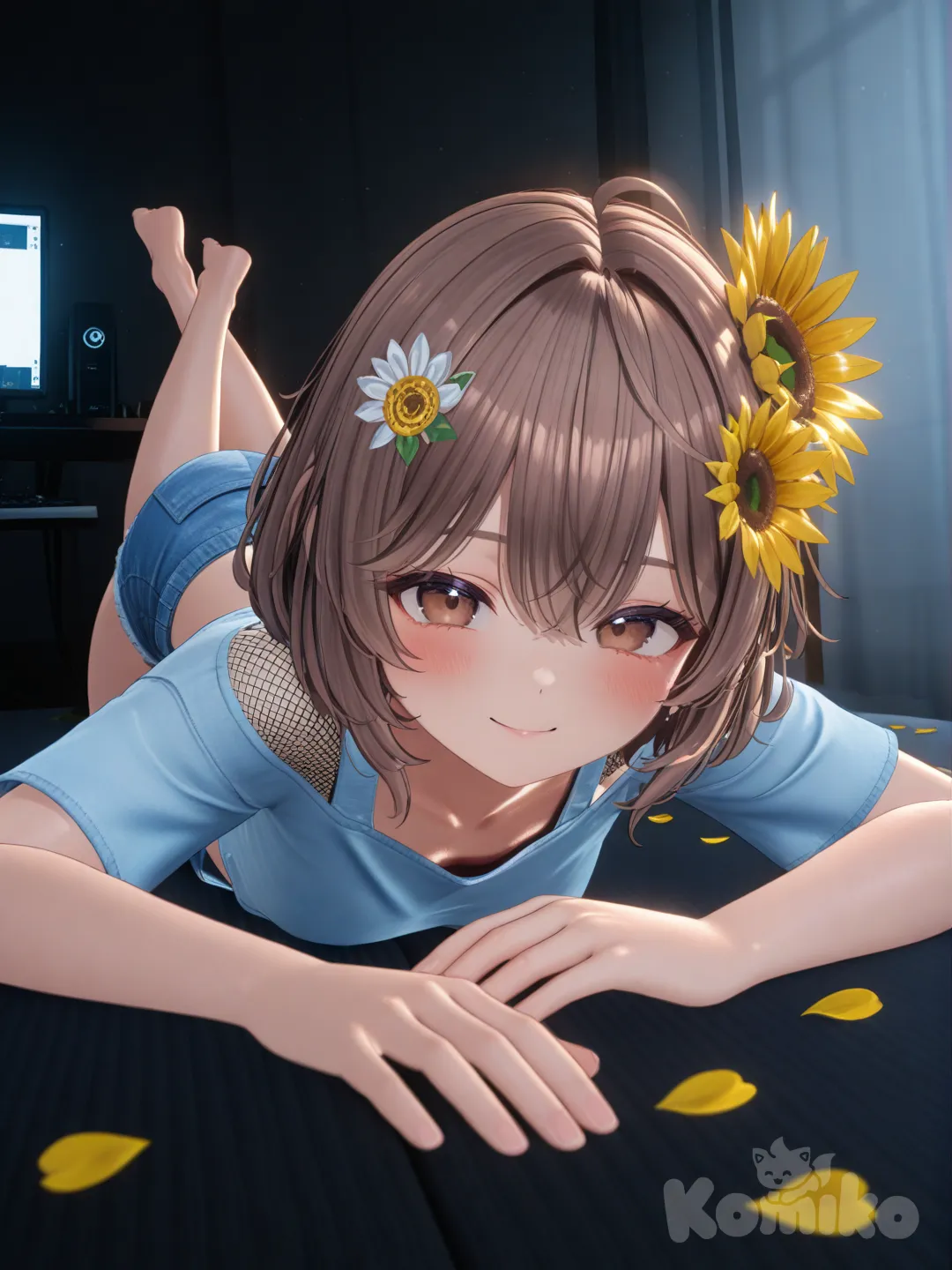 1girl, [3d-anime-style], lie on stomach, blush, smile, light blue crop top, short jeans, hair accessory, brown hair, full body, closeup, looking at viewer, rim light, field of flowers, sunflower hair ornament