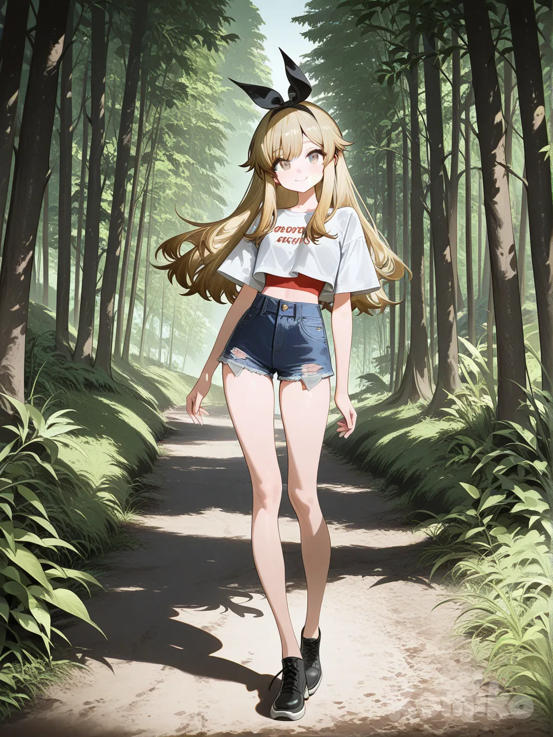 1girl, [high-gloss-illustration-style], looking at viewer, proud, crop top, short jeans, hair accessory, blonde hair, full body, rim light, trail,forest