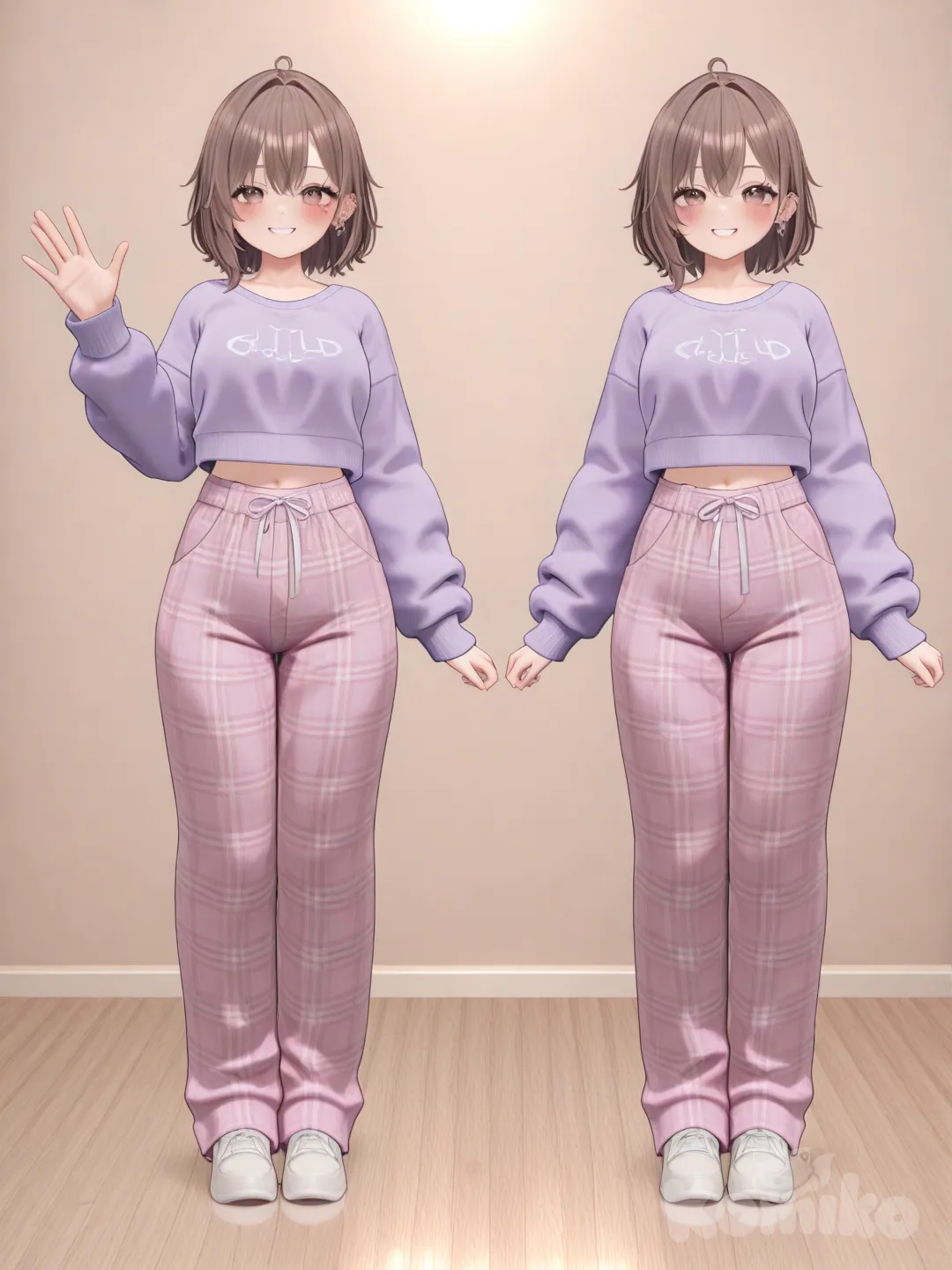 1girl, [3d-anime-style], waving, blush, LovelyWholesale purple Womens Crewneck Cropped Sweatshirt Long Sleeve Super Crop Top Workout Gym Aesthetic White Small at Amazon Women's Clothing store, plaid pajama pants, brown hair, full body, closeup, rim light, pier