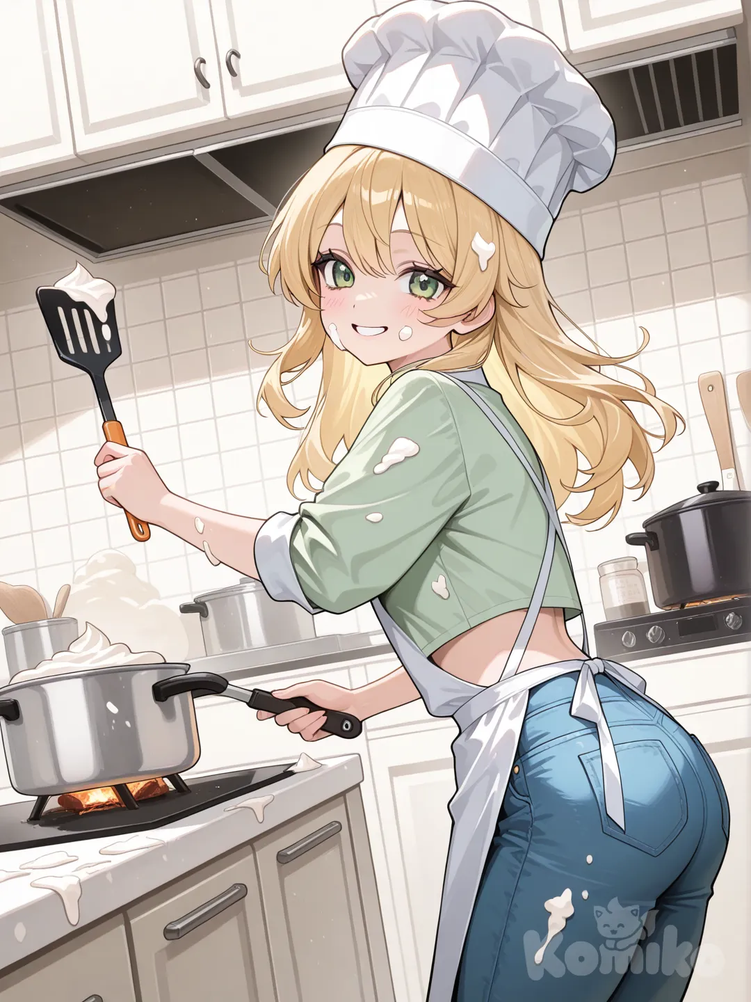 cooking, cooking pot, blonde hair,chef hat, holding spatula, 1 girl,frosting everywhere,frosting on face,light green crop top,short jeans