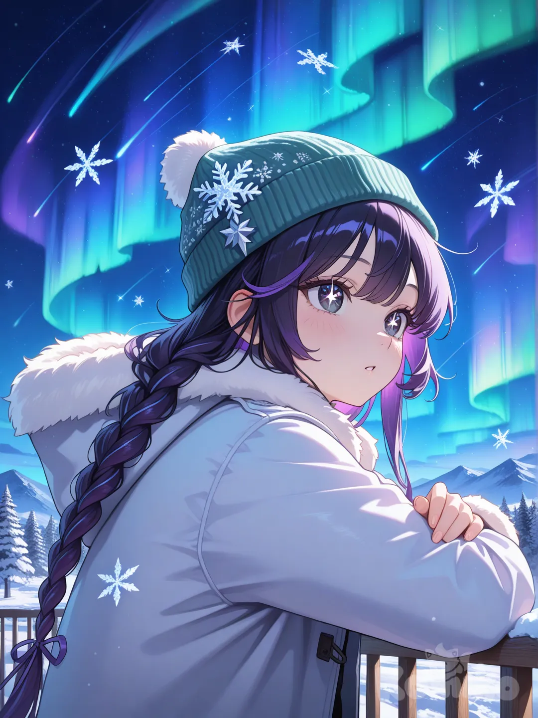 ultra-8K, photorealistic, medium shot, 9:16 aspect ratio. A captivating medium shot of a delicate, petite young woman. She has two long braids framing her face, which is adorned with a cozy wool beanie. Her large, expressive eyes are a mesmerizing violet-black color, sparkling with the reflection of starlight like shimmering galaxies. She wears a thick, textured fur-trimmed coat, and her hands rest gently on a snow-dusted wooden railing. The scene is set on a cliffside overlook at night, at the beginning of a serene winter. The air is filled with gently falling snowflakes. Behind her, the sky is a deep indigo canvas, illuminated by a magnificent, vibrant aurora borealis. The aurora dances in brilliant ribbons of emerald green, violet, and magenta, swirling dramatically across the heavens. Cutting through this spectacle is a breathtaking meteor shower, with numerous bright meteors streaking across the sky, leaving long, glowing trails of light in their wake. The viewpoint is from beside her, as if the viewer is standing just to her left, sharing in the moment. The composition focuses on her upper body and the magnificent cosmic display behind her, creating a sense of intimate wonder. The lighting is soft and magical, coming from the aurora and meteors, highlighting the snowflakes and the awe in her eyes.