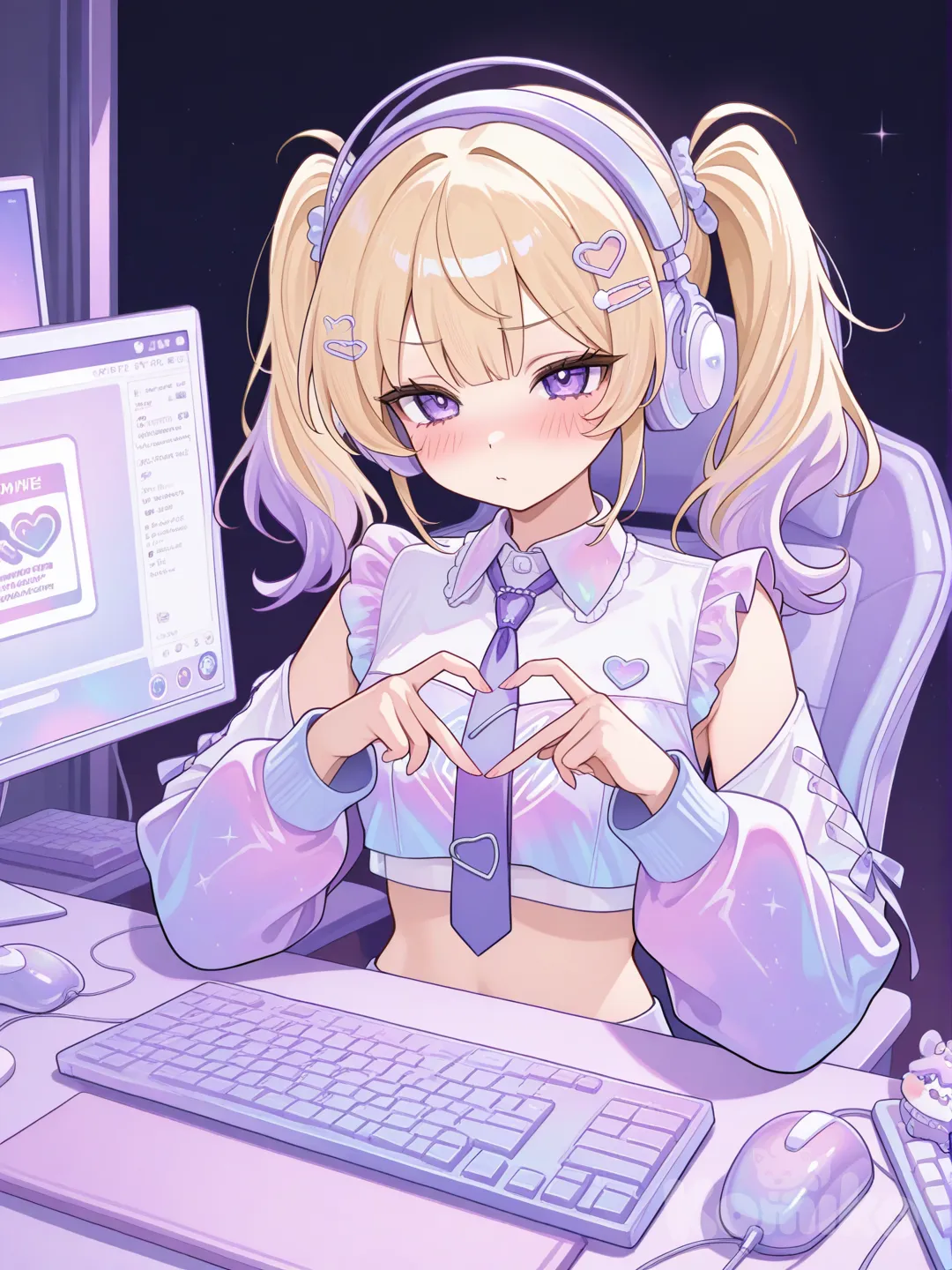 1 girl,typing,computer, computer keyboard, computer mouse, headphones, heart hand,blush,blonde hair,2 high ponytails,tie dye blue and purple crop top