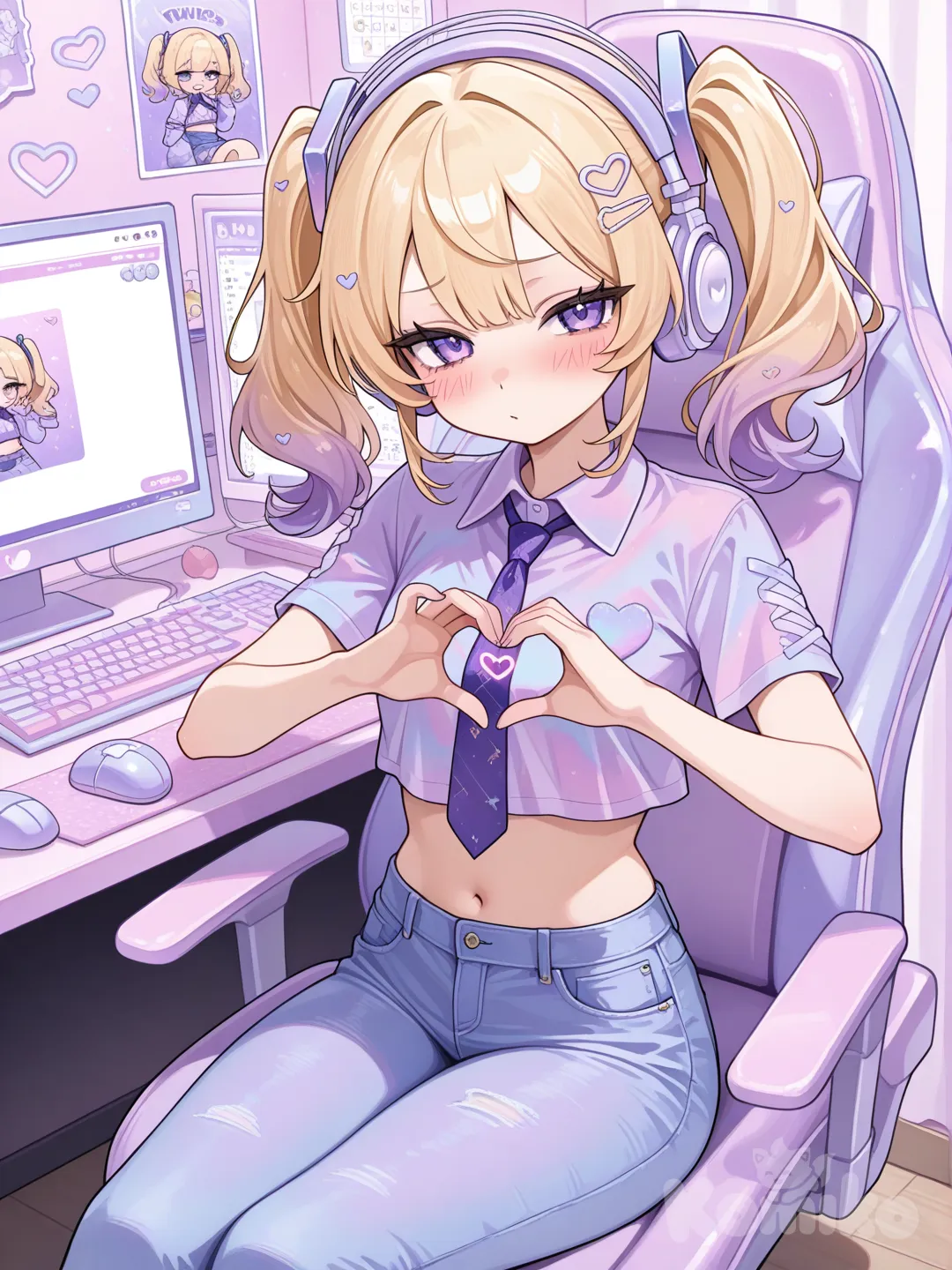 1 girl,typing,computer, computer keyboard, computer mouse, headphones, heart hand,blush,blonde hair,2 high ponytails,tie dye blue and purple crop top,jeans