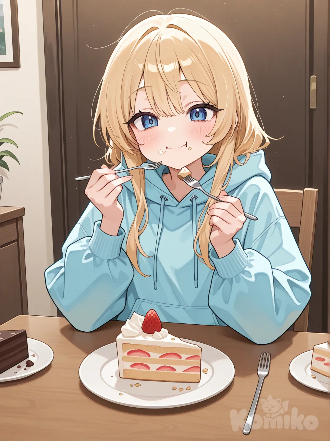 1 girl,blonde hair,eating,cake on a plate,holding a fork,pale blue hoodie,sitting down,crumbs,crumbs on face
