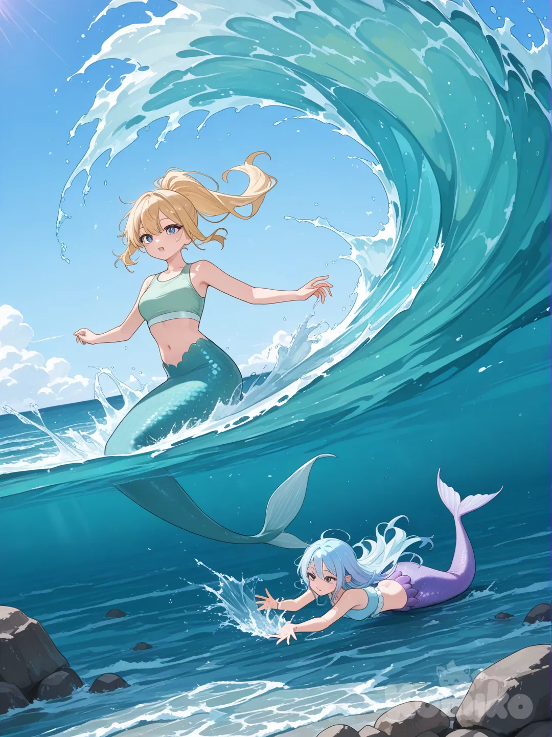 2 girls,purple and blue mermaid tails,on small rock,splashing water at each other,blonde hair,light blue hair,high ponytail,light green crop top,ocean