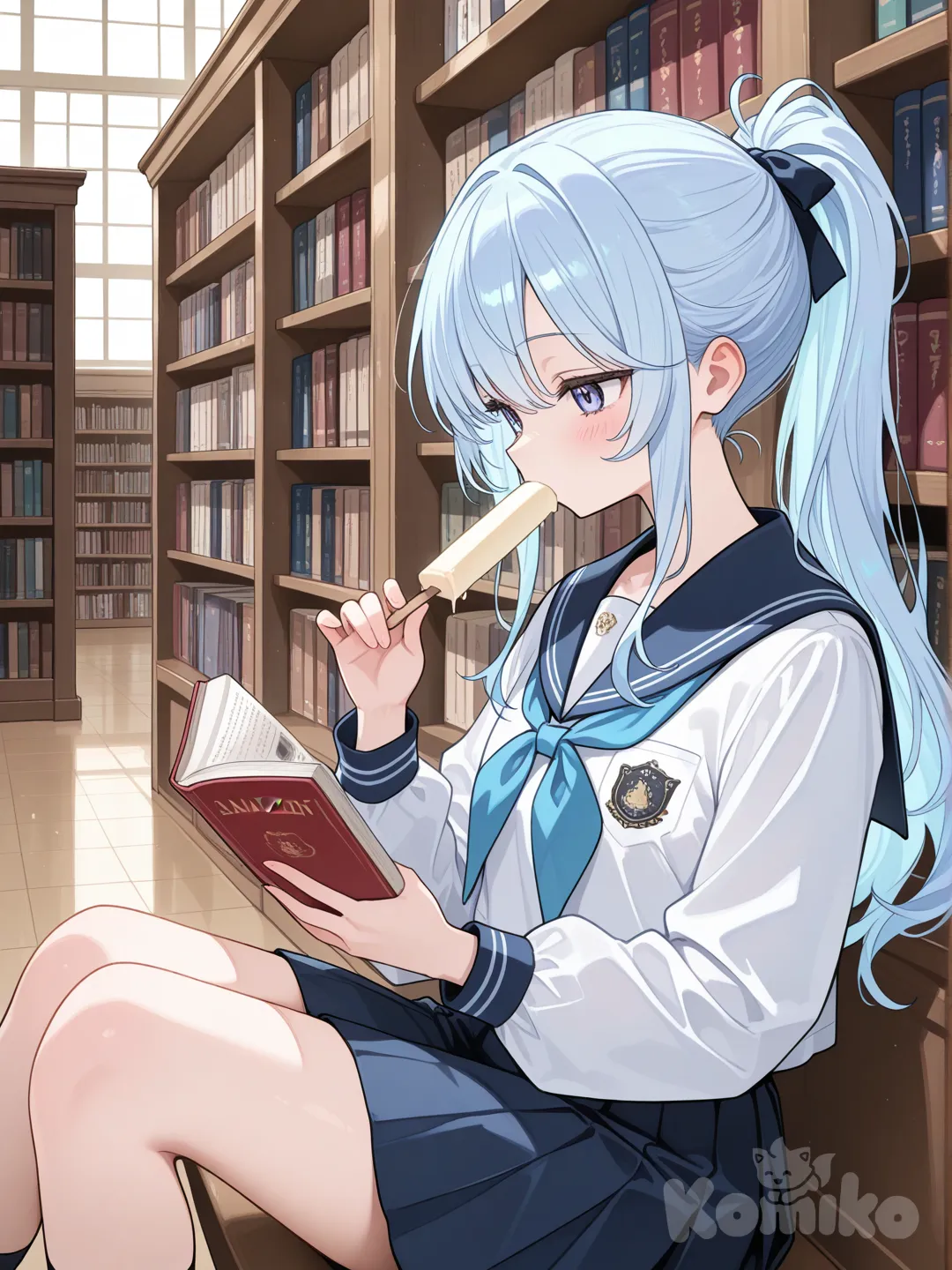 1 girl,light blue hair,holding ice cream,long ponytail,school uniform,studying/looking at book,library