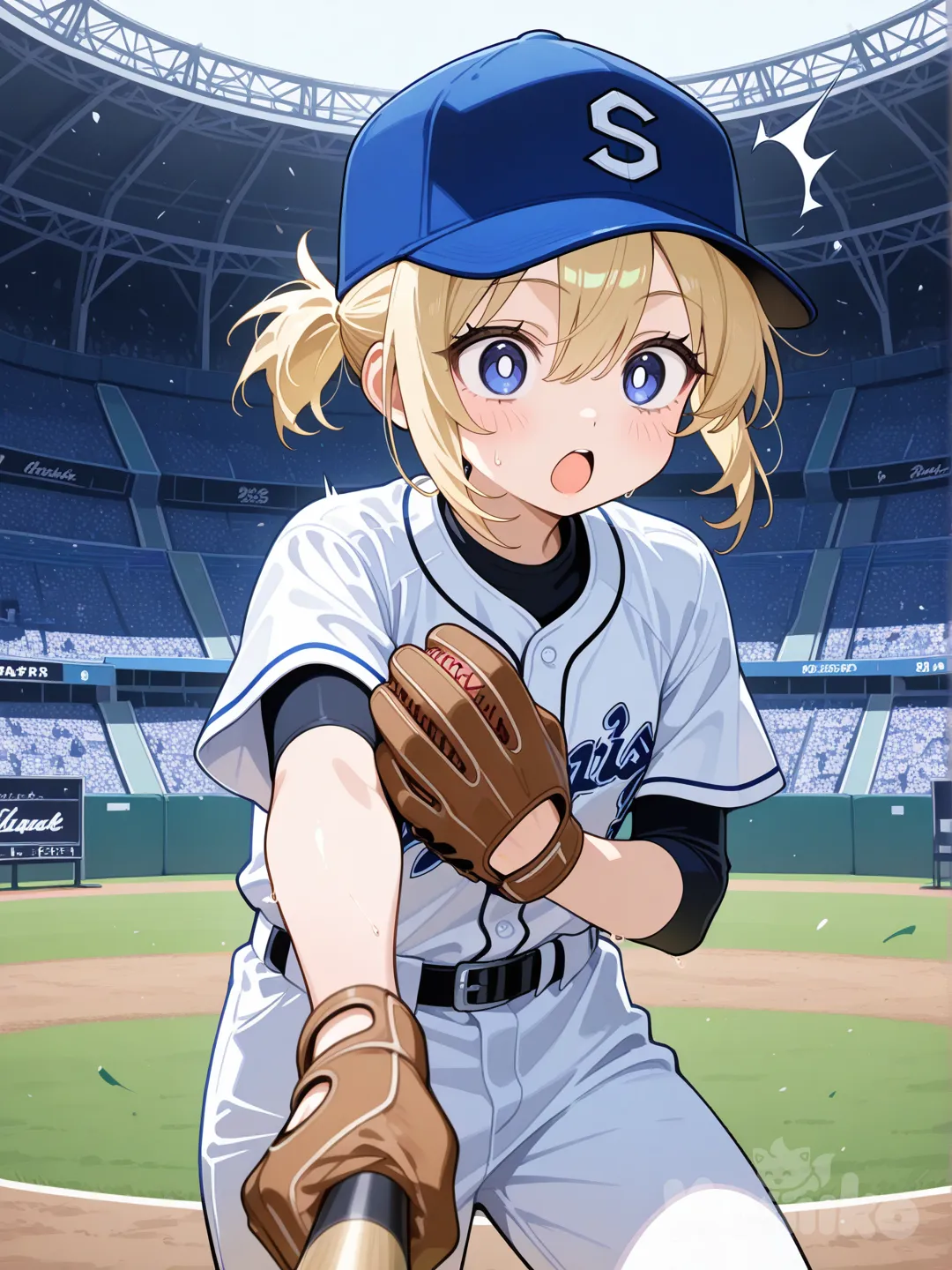 1 girl,blonde hair,small short ponytail, baseball cap, baseball mitt, holding baseball bat, baseball uniform, baseball coming at her,crowd gasps