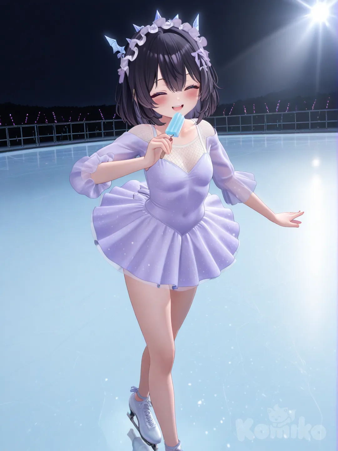 1girl, [3d-anime-style], ice skating, blush, laughing, smile, ballerina outfit/ ice-skate theme(light purple), headband, black hair,sunny,ice,holding ice cream