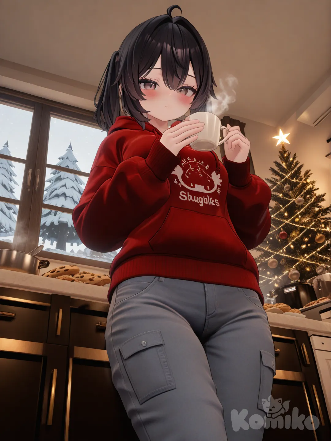 1girl, [3d-anime-style], stir hot chocolate with a spoon,the girl blush, hoodie, casual pants, black hair, closeup, looking at viewer, light inside, girl in house viewer outside,Christmas tree,snowy window, cookie tray on counter